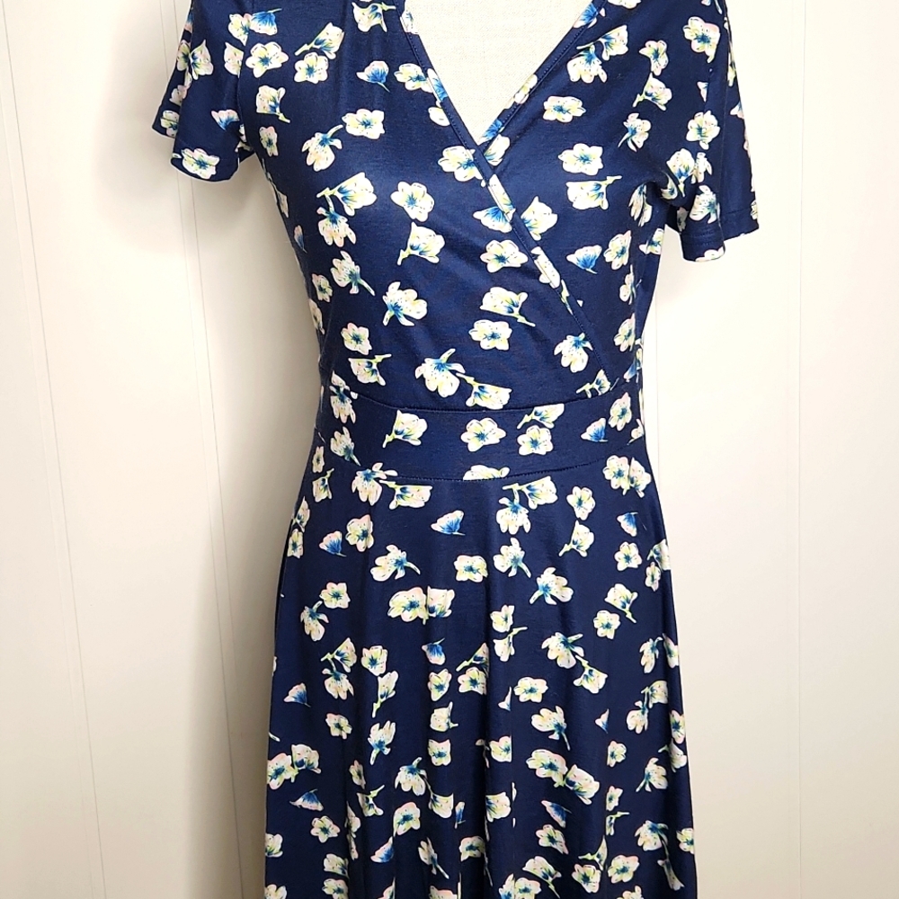 Y2K blue floral print Farmers Dqughter faux wrap flowy midi dress